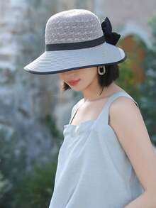 1件女款韓式編織優雅透氣草帽，夏季熱銷時尚百搭蝴蝶結防曬帽，舒適休閒草編遮陽帽，適合外出、聚會、購物、旅行、度假等場合 - 彩色 - 查看 2