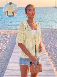 Áo khoác cardigan dệt kim dáng rộng, khoét lỗ, buộc dây, kiểu dáng tối giản cho nữ mùa hè, cổ thấp, tay ngắn, chất liệu lưới móc nhẹ, chống nắng. - Màu be - Xem 11