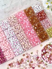 300/840pcs Pink, Red, White Multi-Color Golden Letter Beads And Heart-Shaped Acrylic Beads Combination Set - Jewelry Making Kit - Suitable For Jewelry Making DIY, Handmade Bracelets, Necklaces Craft Supplies - Pink - View 8
