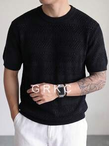 Men's Crew Neck Short Sleeve Ice Silk Knit Fitted Casual Commuter Style Horizontal Striped Knit Top Spring Summer Thin - Black - View 4