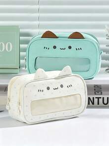 1pc Cute Mint Cat Ita Pencil Bag, Transparent Visible Front Pocket, 3D Cat Ear Design, Large Capacity Girly Stationery Pouch, Ideal For Students, Handcraft Lovers And Daily Stationery Storage,Back To School - Pencil Case - View 9