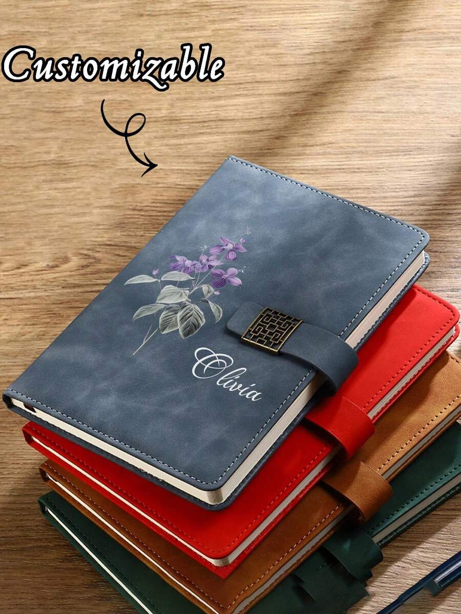 Custom Floral Button Notebook Set, Embossed Floral Pattern Gold Button Diary, Customizable Name, Includes Pen And Gift Box, Stationery Gift, Graduation Gift - Multicolor - View 1