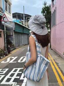 韓式小眾設計 Ins 通勤外出日常購物單肩腋下大容量條紋托特手提包 藝術帆布購物包 休閒托特包 - 藍色 - 查看 9