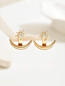 1 Pair Fashionable Elegant Star & Moon Shaped Earrings, Sun With Rhinestones + Crescent Moon Design, Double Layer Stacked Style, Delicate & Lightweight Luxury, Suitable For Commute And Date Outfits - Yellow Gold - View 2