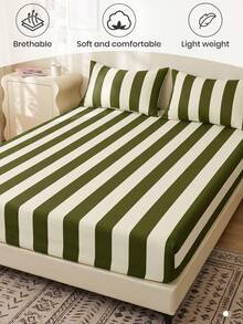 1PC Stripe Pattern Fitted Sheet Only, Mattress Protector, Bed Cover, Bed Sheet, Wrinkle Free, Breathable And Comforter, For All Size Bed, For School Bedding Dorm, Bedroom Decor, Bedding, (Pillow And Pillowcase Not Included) Machine Washable - Multicolor - View 5