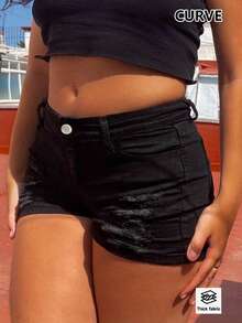 Damen-Mode Sexy Lässig Mittlere Taille Stretch Distressed Große Größen Denim Shorts Sommer Schwarz - Schwarz - Übersicht 1