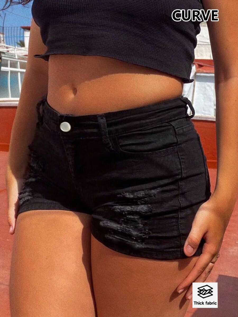 Damen-Mode Sexy Lässig Mittlere Taille Stretch Distressed Große Größen Denim Shorts Sommer Schwarz - Schwarz - Übersicht 1