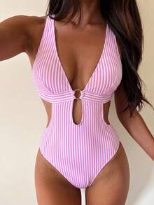 PEPPERMOLLY 2026 New Women's Sexy Fashion Striped One-Piece Swimsuit, Sleeveless Cami Backless Bikini Bottoms, Perfect For Vacation Beach Pink Summer - Pink - View 1