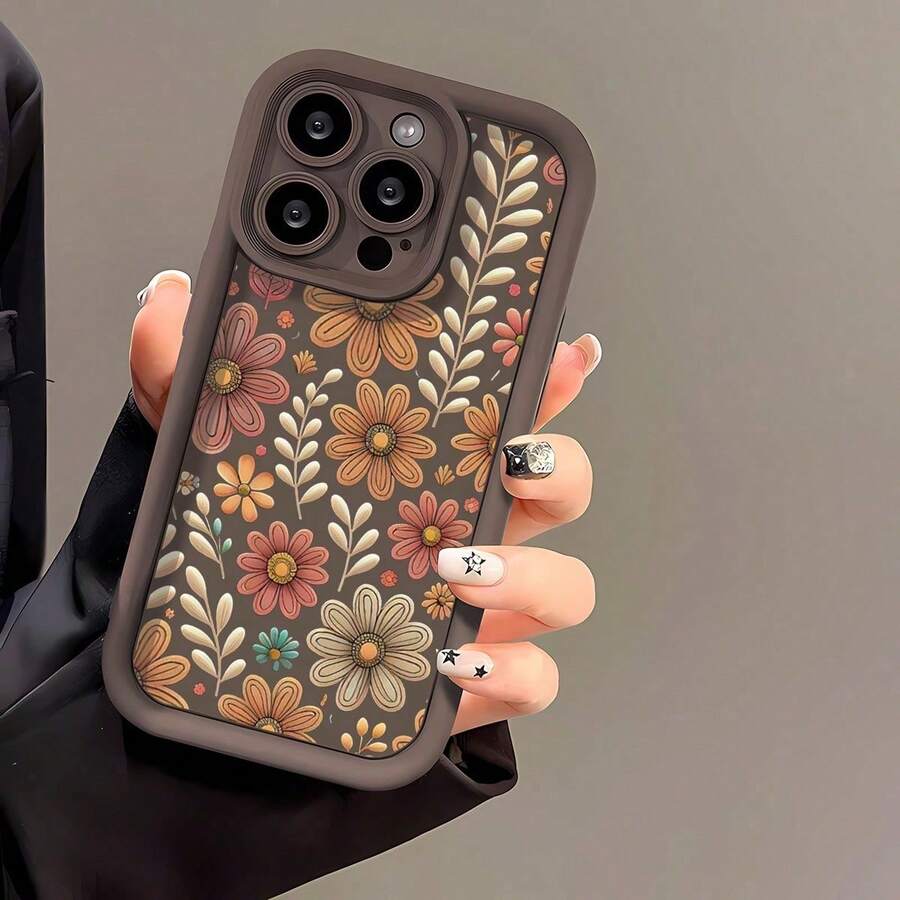 1pc Orange Floral Leaf Full Screen Flower Plant Tree Nature Cute Personalized Fashion Retro European American Girls Chocolate Coffee Matte Brown Lens Frame Stair Design Full Coverage Anti-Drop Soft Shell - Multicolor - View 1