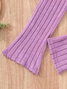 Girls Sweet Lady Style Purple Ribbed 3 Pieces Set: Colorful 3D Floral Decor Short Long Sleeve Cardigan + Solid Color Camisole + Elastic Waist Flared Pants, Daily Outfit For Little Girls - Mauve Purple - View 11