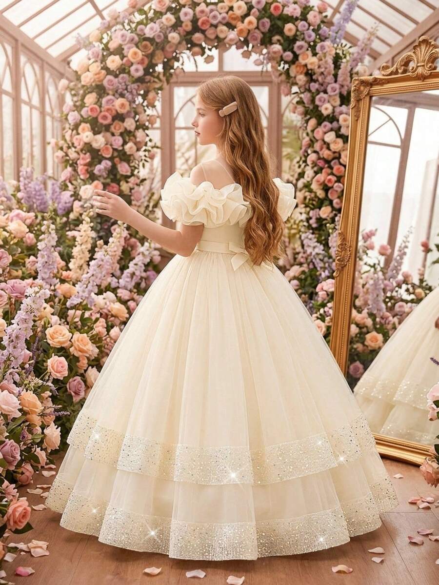 Vestido largo de graduación para niñas preadolescentes sin mangas con organza plisada, lentejuelas y malla, adecuado para la graduación escolar, diadema no incluida - Champán - Ver 1