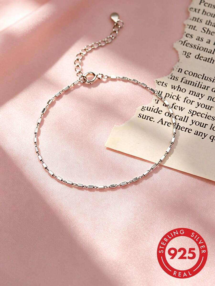 1pc S925 Sterling Silver Korean Ins Minimalist Geometric Square Patchwork Thin Bracelet, Fashionable Harajuku Style Artistic Simple Elegant Elegant Cool Versatile Stackable Hand Jewelry, Daily Low-Key Niche Exquisite Gift - Cube - View 1
