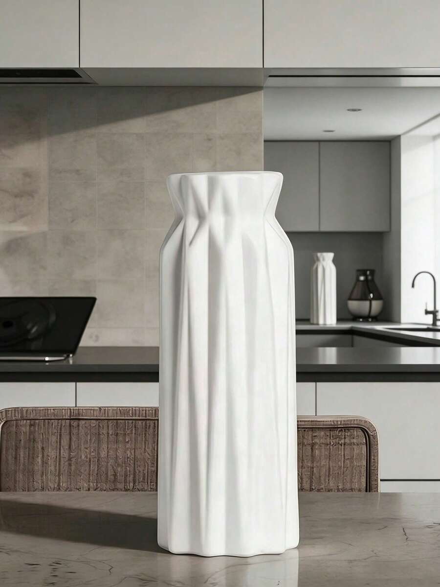 1pc White Plastic Flower Vase, Floral Decorative Vase, Minimalist Summer Decor, Suitable For Living Room, Dining Table, TV Stand, Also Suitable For Living Room, Dining Table, Bedroom, Wedding, Modern Minimalist Tabletop Decoration - White 1pc - View 1