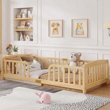 Low Bed Measuring 90 X 200 Cm With Safety Rails, Central Entrance, Made Of Pine Wood. Low Bed With Rails, White. - Natural Color - View 4