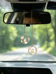 1pc Cute Rabbit Car Rearview Mirror Hanging Decoration, Women's Car Interior Decor Accessory - A - View 3