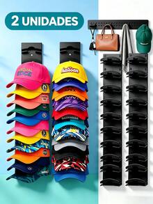 2-Piece Two-Tone Baseball Cap Holder Set, Portable Plastic Display Rack, Space-Saving, Wall-Mounted Cap Holder, Strong Adhesive, Adjustable For Doors And Cabinets, Holds Up To 9 Hats, Multi-Layer Cap Display Rack, Bedroom Closet And Cap Rack - Black - View 3