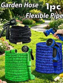 Blue Expandable Flexible Water Hose With 7 Adjustable Spray Nozzles, Expandable Length 7.5-60m (Approx. 25ft-200ft), Suitable For Car Washing, Lawn Watering, Plant Care And Pet Bathing, Can Be Used All Year Round, Composed Of Hose And Connectors - Blue - View 3