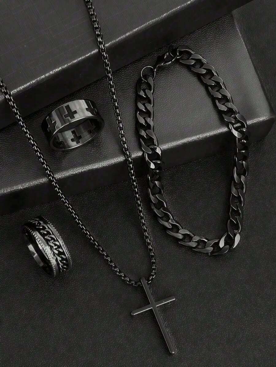 4pcs/Set Minimalist Style Men's Jewelry Set, Includes Black Cross Necklace, Bracelet And 2 Rings, Suitable For Business, Commute And Casual Occasions - Perfect Birthday Gift For Boyfriend/Son - Multicolor - View 1