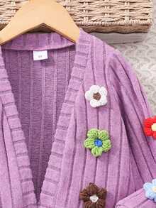 Girls Sweet Lady Style Purple Ribbed 3 Pieces Set: Colorful 3D Floral Decor Short Long Sleeve Cardigan + Solid Color Camisole + Elastic Waist Flared Pants, Daily Outfit For Little Girls - Mauve Purple - View 4