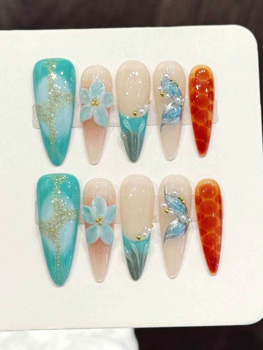 10片手工壓花長尖形美甲貼紙【藍色海洋花卉陰影】冰藍對比3D花卉設計，優雅唯美仙氣氛，奢華美甲貼紙，適合女性