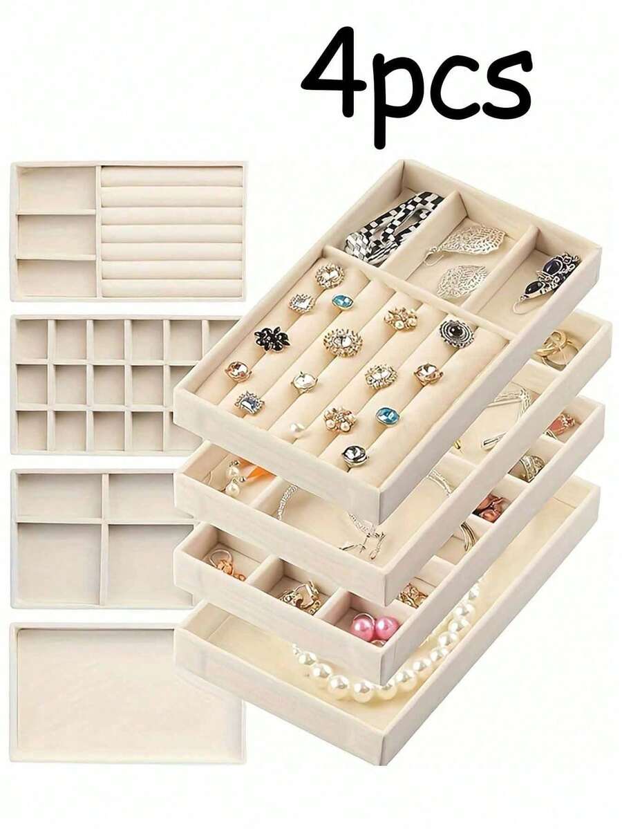 4pcs Swan Jewelry Display Tray Set, Jewelry Display Tray, Jewelry Box, Cosmetic Display Rack, Multi-Functional Jewelry Display Storage Box, Jewelry Storage Tray, Cosmetic Storage Box, Stackable Jewelry Organizer Tray, Desktop Jewelry Display Storage Tray Box, Large Stackable Drawer Tray, Suitable For Earrings, Necklaces, Rings, Bracelets, Pendants, Lipsticks, Faux Pearls, Brooches, Etc., Elegant And Convenient Bedroom Accessory, A Cosmetic Storage Box Suitable For Room Bedroom Beautiful Girls Accessory Storage, Jewelry Storage Box - Multicolor - View 1