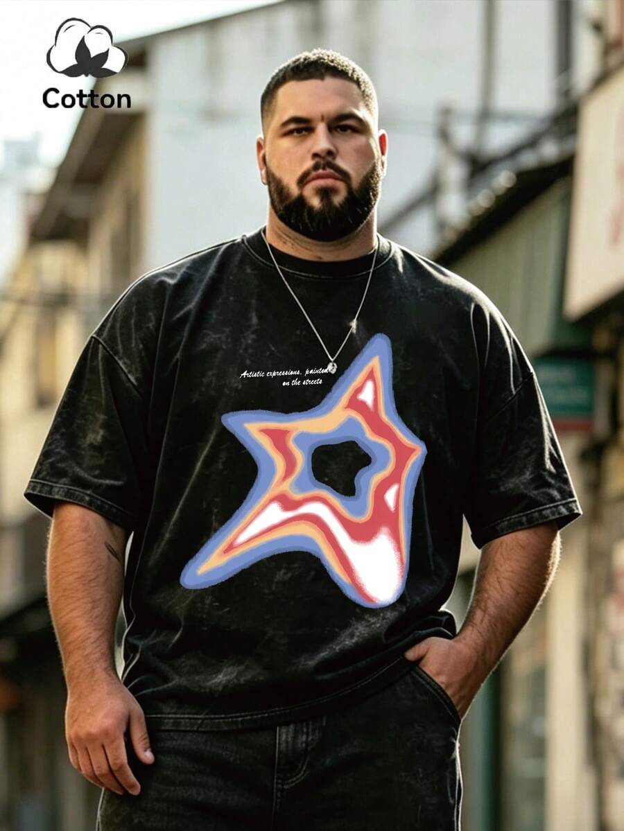 Plus Size Men's Casual Y2K Aurora, Star & English Graphic Round Neck Washed T-Shirt, Short Sleeve, For Daily Wear, Grunge Style - Black - View 1