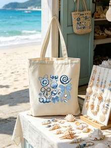 Shell Blue Floral Sweet Style Printed Tote Bag, Lightweight Foldable Shopping Bag, Suitable For Shopping And Daily Activities - Multicolor - View 11