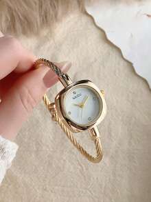 1 buah Gelang Jam Tangan Quartz Wanita Emas Persegi, Minimalis, Modis, Elegan, Cocok untuk Pemakaian Sehari-hari, Pilihan Terbaik untuk Hadiah Liburan - Emas - View 2