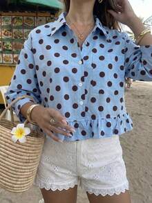 Women's Summer Elegant Blue Polka Dot Faux Linen Blouse, Summer, Holiday, Women's Beach, Women's Casual Shirt, Seaside, Polka Dot Front Shell Button Outing Top, Elegant Blouse, Vacation, Office, Social Top, Commute Top, Polka Dot Ruffle Blouse, Basic Shirt, Beach Fashion, Autumn - Baby Blue - View 5