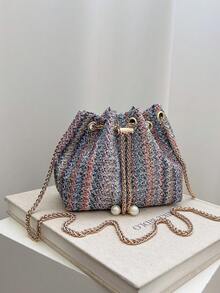 Mini New Fashion Straw Woven Gold Chain Drawstring Bucket Bag Beach Bag - Blue - View 5