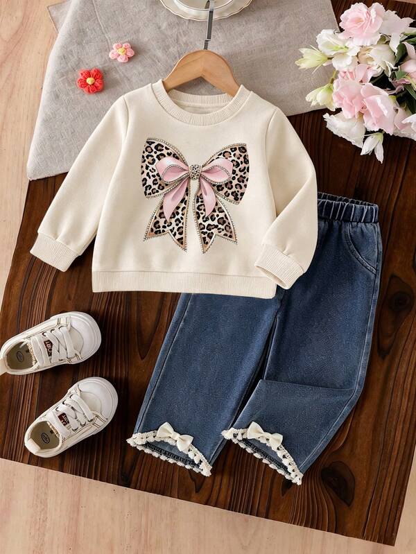 Baby Girl Cartoon Pattern Round Neck Long Sleeve Warm Sweatshirt And Denim Pants