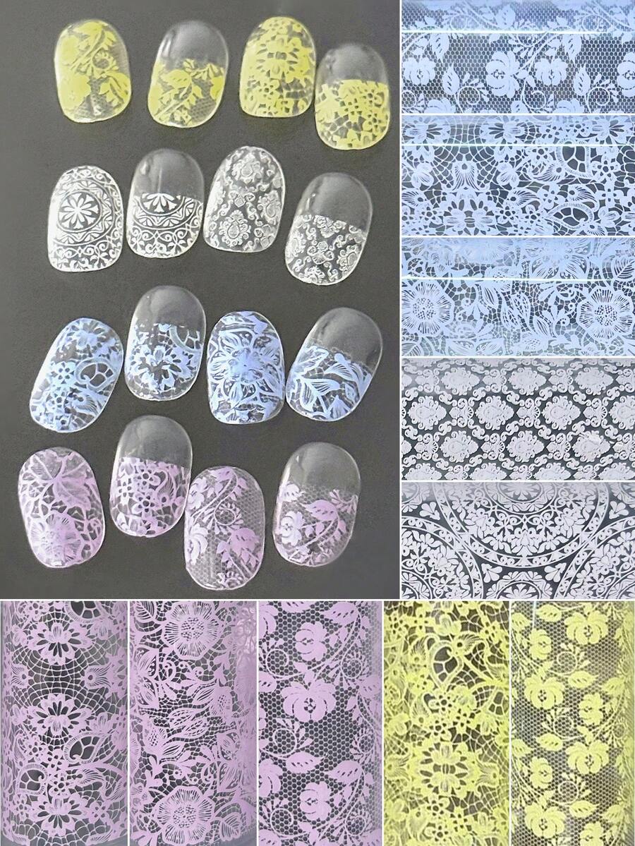 Beautizon Nailartlab 10片法式溫柔蕾絲花卉美甲轉印紙,馬卡龍淡粉黃藍白鏤空透視小碎花超薄轉印箔 DIY仙女婚禮美甲貼紙美甲用品 - 彩色 - 查看 1