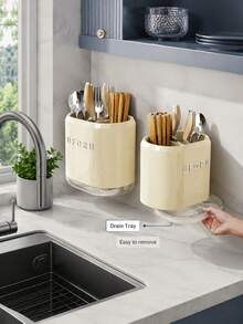 Multifunctional Cutlery Organizer And Holder For Knives, Forks, Spoons, And Chopsticks, Equipped With A Transparent Drip Tray; Features A Durable Beige Design That Neatly Stores Various Utensils, Suitable For Kitchen Countertops Or Dining - View 3