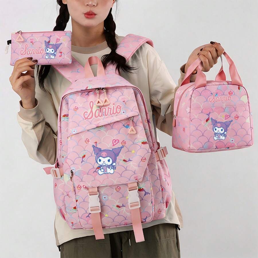 Miniso 粉色美人魚鱗片愛心 Kuromi 三合一背包套組,適用於學校學習、戶外徒步、週末旅行、購物逛街、度假休閒出遊 - 粉色 - 查看 1