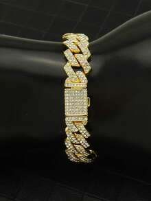 1pc 12mm Full Rhinestone Flip Clasp Rhombus Zirconia Bracelet, Personalized Hip Hop Cuban Chain Men's Full Rhinestone Bracelet, Suitable As A Gift - Multicolor - View 9