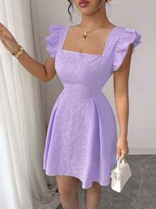 Vestido elegante estilo A con estampado floral, cuello cuadrado francés, mangas cortas, cintura ajustada y tono crema amarillent - Negro - Ver 5