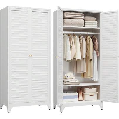 Metal Wardrobe Cabinet With Hanging Rod, Armoire Wardrobe Closet With Doors And Adjustable Shelves, Clothing Storage Cabinets For Bedroom Office White