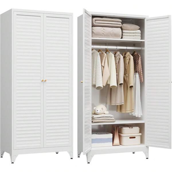 Metal Wardrobe Cabinet With Hanging Rod, Armoire Wardrobe Closet With Doors And Adjustable Shelves, Clothing Storage Cabinets For Bedroom Office White