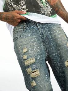 Men's Y2K Blue-Green Fashion Distressed Diamond Decor Loose Straight Leg Denim Jeans - Teal Blue - View 3