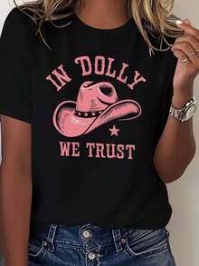 Camiseta de cuello redondo de algodón rosa Y2K con estampado de estrella de vaquero para mujer, top de verano - Negro - Ver 1