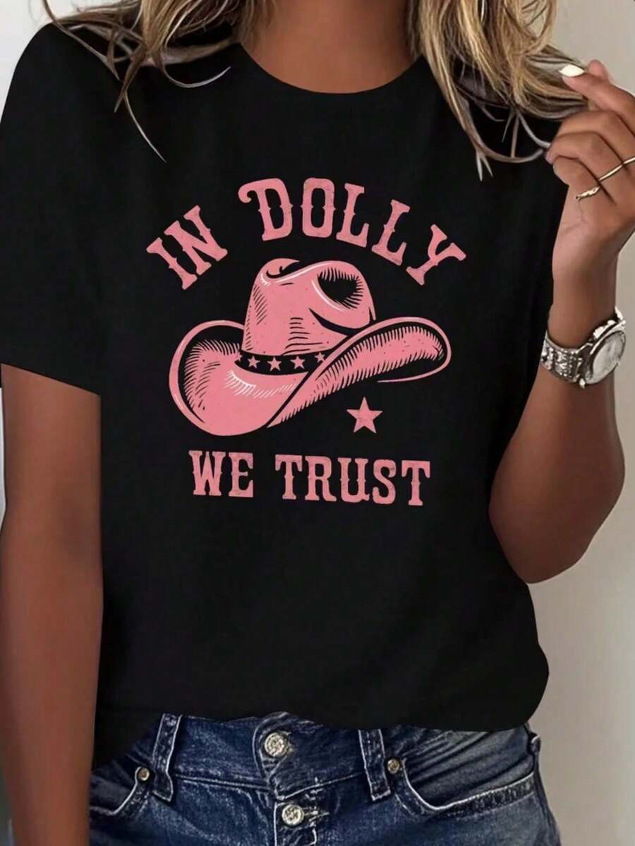 Camiseta de cuello redondo de algodón rosa Y2K con estampado de estrella de vaquero para mujer, top de verano - Negro - Ver 1