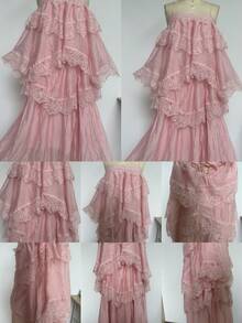 Women's Lace Asymmetrical Elegant Long Ruffle Hem Maxi Dress, Sleeveless Fashion Graduation Prom Party Evening Gown Wedding, For Her Fall - Baby Pink - View 10