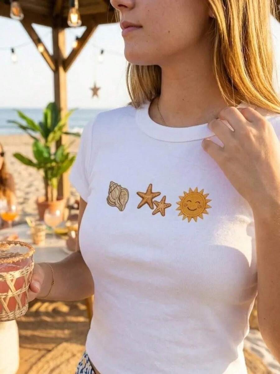 Personalized Seashell Starfish Sun Crop Top, Custom Embroidered Summer Baby Tee, Coastal Vacation Outfit, Beach Day Tee, Summer Shirt,Summer Top - White - View 1