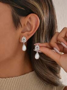 1 Pair Elegant Gold-Plated Pearl & Cubic Zirconia Teardrop Earrings - Suitable For Daily Wear, Banquets, Parties, Weddings - Bridal Pearl Earrings - Multicolor No. 3 - View 7