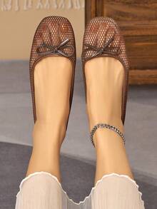 Zapatos de mujer de moda con punta cuadrada y vamp bajo, de malla de encaje marrón, zapatos casuales versátiles para todas las estaciones, ligeros, cómodos y transpirables, zapatos de ballet con lazo, adecuados para oficina, fiesta, boda, actividades al aire libre, Día de la Madre, Día de la Mujer y otros festivales - Marrón - Ver 5