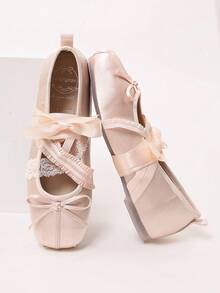 Pink Satin Bow Flat Ballet Shoes For Women, Square Toe Lace Cross Strap Gentle Style Daily Low Vamp Pumps - Pink - View 1