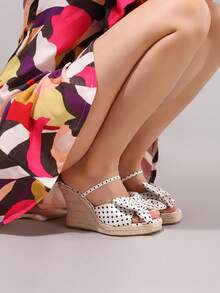 Fashionable Rope Wedge Platform Sandals With Polka Dot Pattern, Open Toe, High Heel Slides, Summer Vacation Casual Chunky Heel High Heels For Women - White - View 3