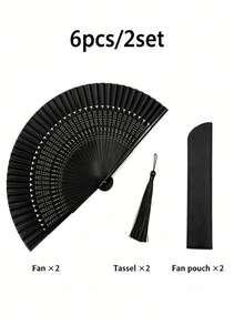 Elegant Black Vintage Bamboo Folding Fan, Vintage Chinese/Japanese Style With Tassel, Cool For Summer, Exquisite White Polka Dot Design, Lightweight And Portable, Suitable For Dance, Home Decor, Beach Vacation And Travel - Multiple Styles - View 12