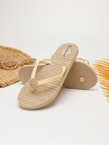 Evertop Surf Summer Ocean Style Oil Drop Shell & Starfish Decor Chain Square Toe Flat Slide Sandals AB Version Asymmetric Sandals Soft Sole Beach Vacation Bohemian Daily Versatile Street Style Original Design - Apricot - View 4