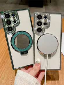 奢華亮片創意化妝鏡支架保護殼，適用於 Galaxy S26 S25 S24 S23 Ultra Plus，防摔保護殼，高品質防摔手機殼 - 銀色 - 查看 2